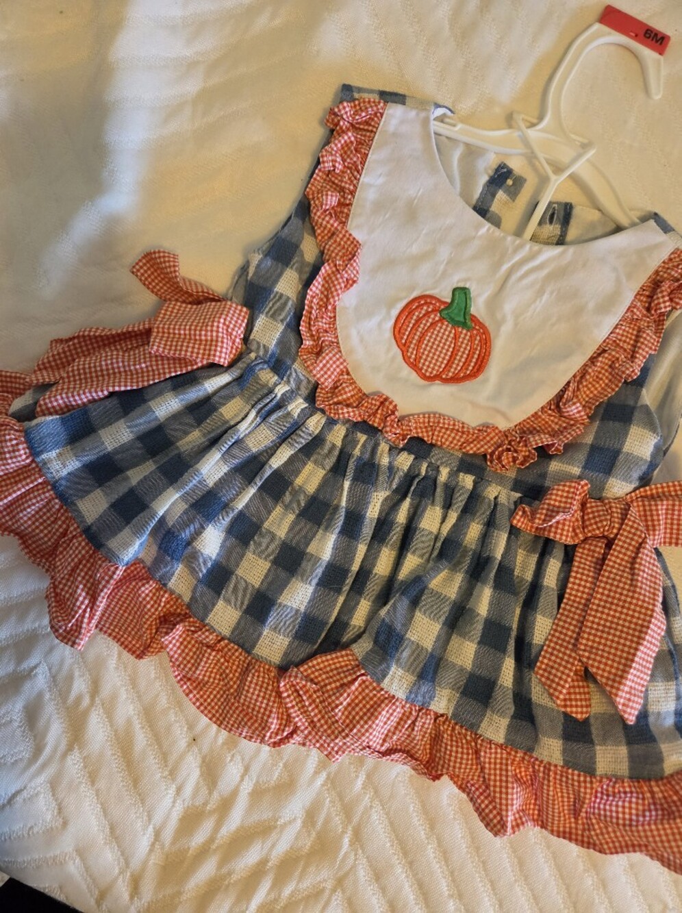 Girl's Blue Gingham Pumpkin Bloomer Set with Orange Ruffle